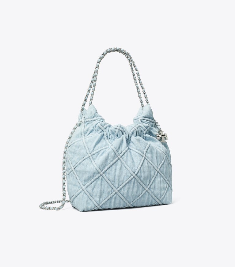 Tory Burch designer sacs à bandoulière Sac hobo mini Fleming en denim souple dans Seltzer angle