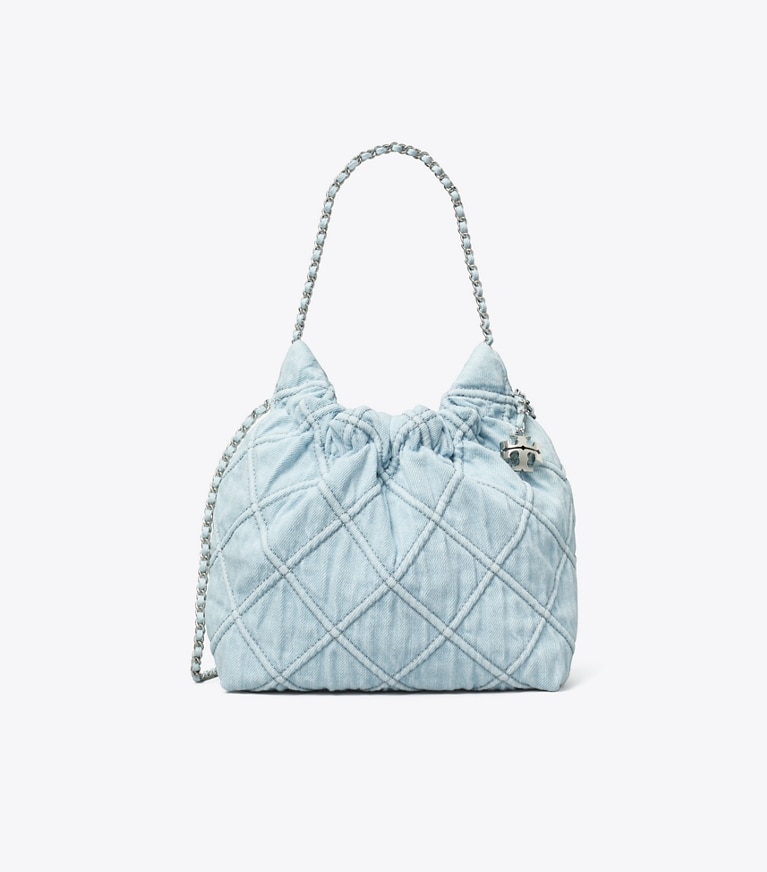 Tory Burch designer sacs à bandoulière Sac hobo mini Fleming en denim souple dans Seltzer de face