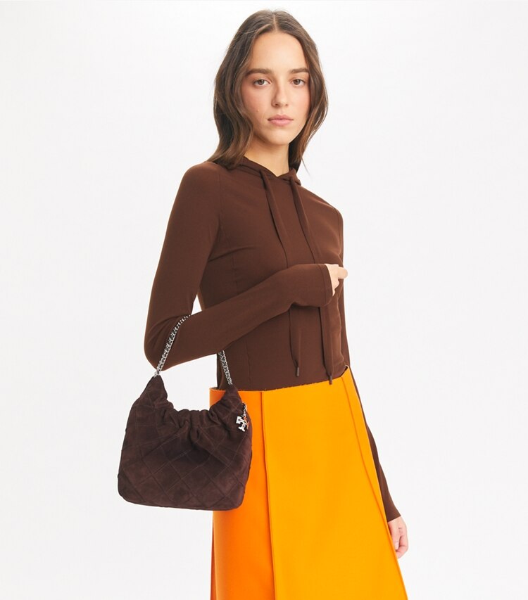 Tory Burch designer sacs à bandoulière Sac hobo mini Fleming en suède souple dans Licorice supplémentaire sur le modèle