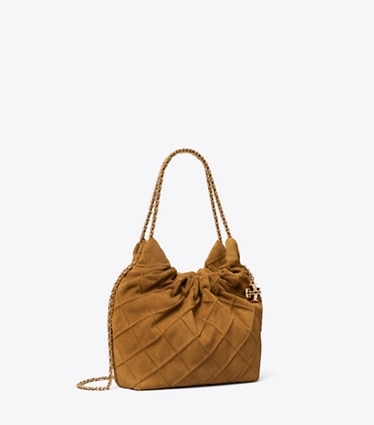 Tory Burch designer sacs à bandoulière Sac hobo mini Fleming en suède souple dans CHICORY BROWN angle