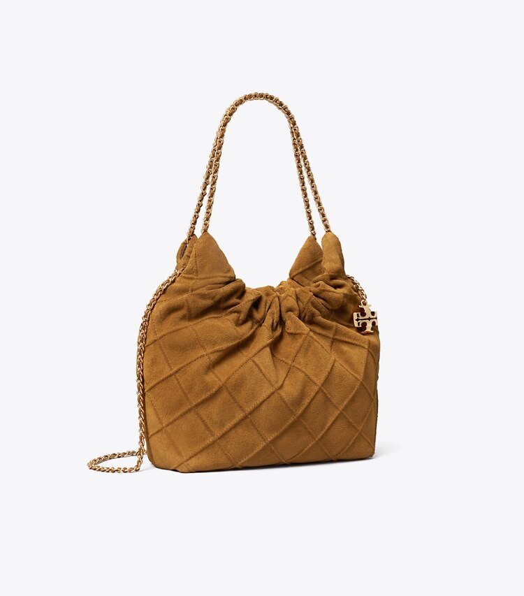 Tory Burch designer sacs à bandoulière Sac hobo mini Fleming en suède souple dans CHICORY BROWN angle