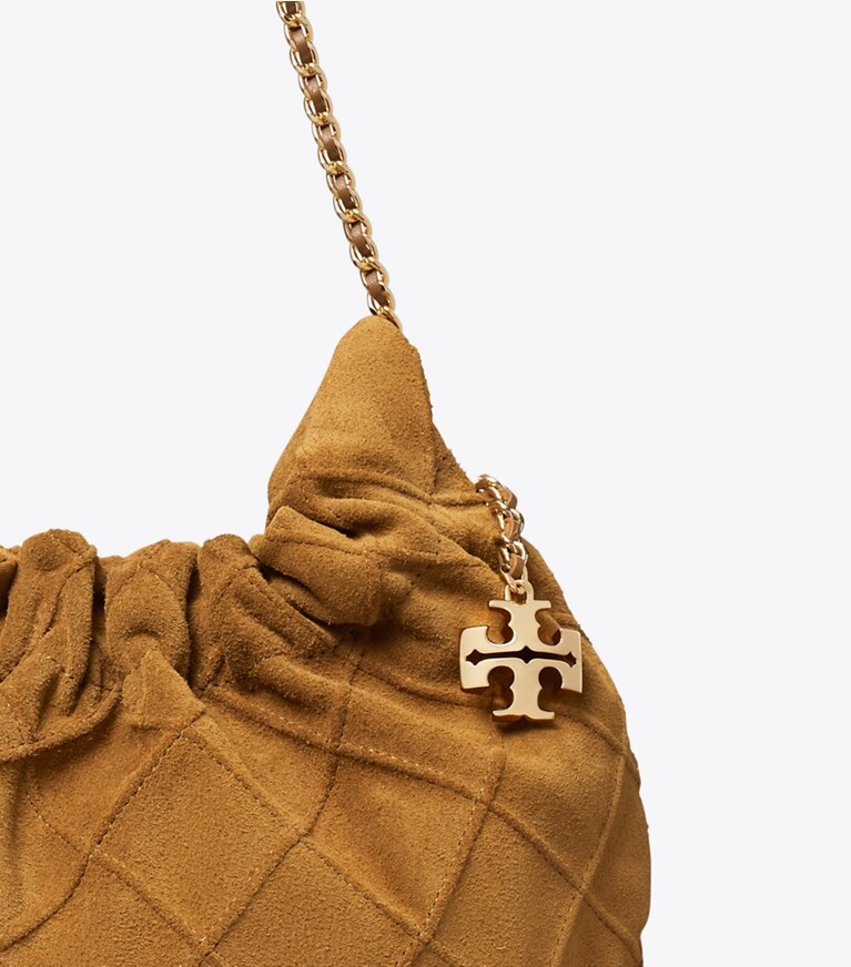 Tory Burch designer sacs à bandoulière Sac hobo mini Fleming en suède souple dans CHICORY BROWN détails