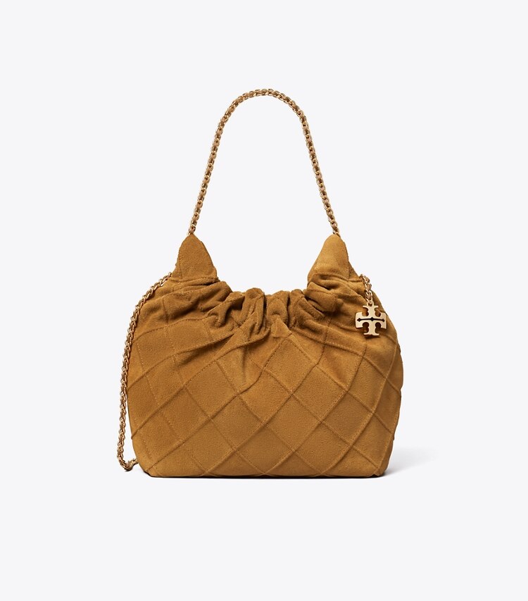 Tory Burch designer sacs à bandoulière Sac hobo mini Fleming en suède souple dans CHICORY BROWN de face