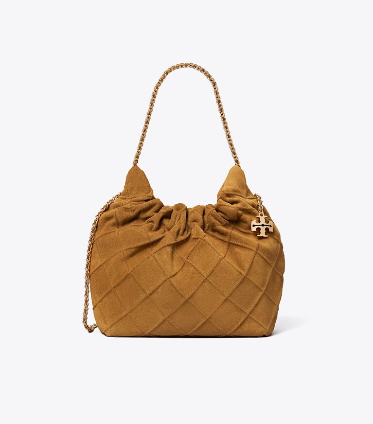 Tory Burch designer sacs à bandoulière Sac hobo mini Fleming en suède souple dans CHICORY BROWN de face