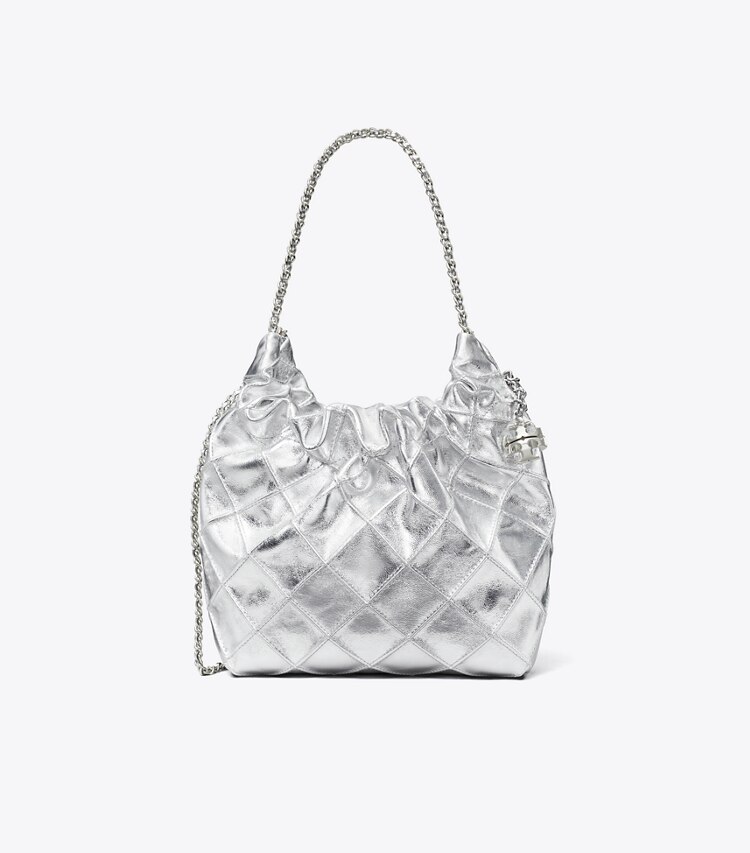 Tory Burch designer sacs à bandoulière Sac hobo mini Fleming métallisé dans Silver de face
