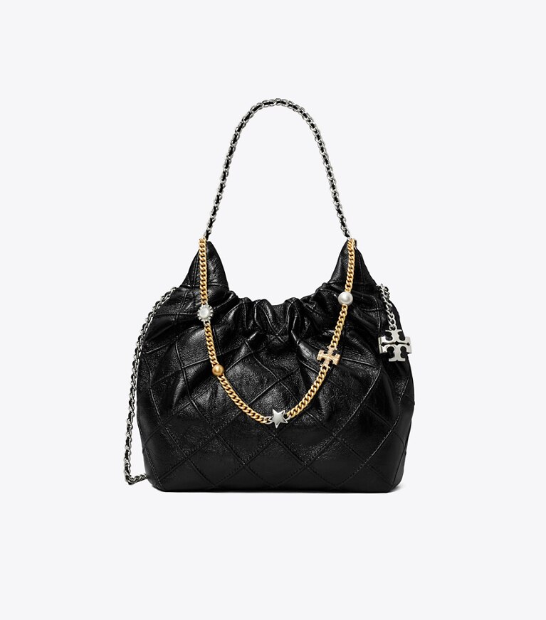 Tory Burch designer sacs à bandoulière Sac hobo souple effet vieilli mini Fleming dans Black de face