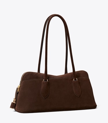 Tory Burch designer sac à main Sac Lock East-West en daim in Dark Cocoa angle