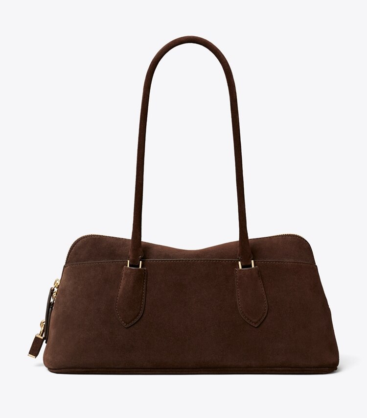 Tory Burch designer sac à main Sac Lock en suède East-West dans Dark Cocoa de face