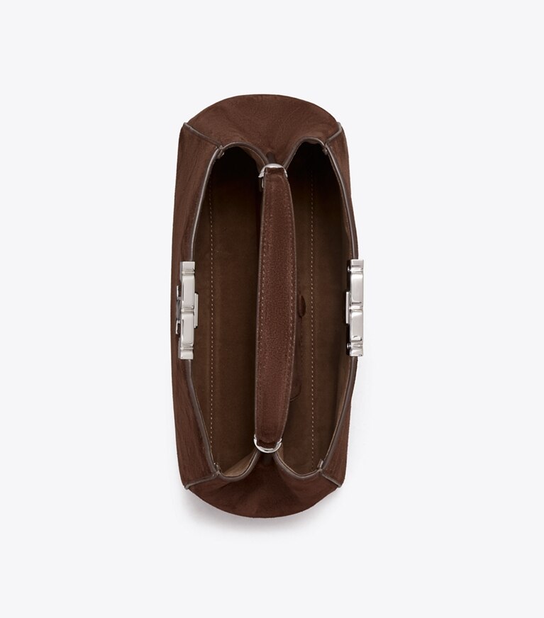Tory Burch designer sac à main Sac moyen en suède Eleanor dans Dark Cocoa vue du dessus