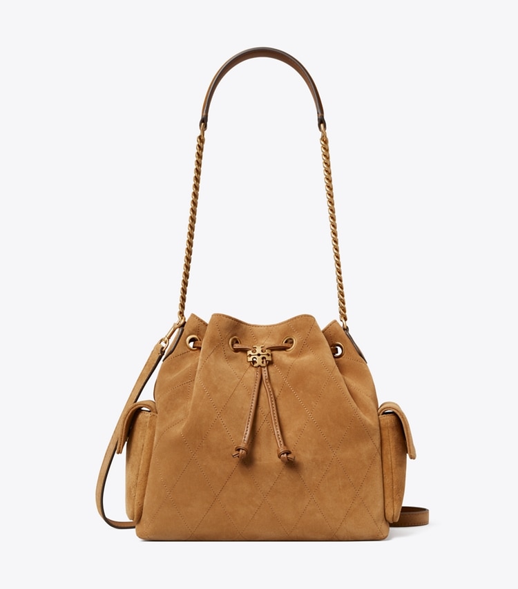 Tory Burch designer sacs porté épaule Sac porté épaule Charlie en daim matelassé avec cordon de serrage in WILD TABACCO front