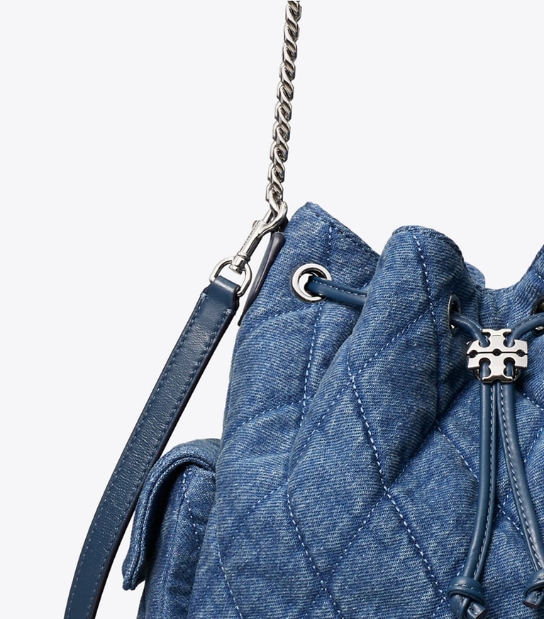 Tory Burch designer sacs porté épaule Sac porté épaule Charlie en denim matelassé avec cordon de serrage in Blue informations