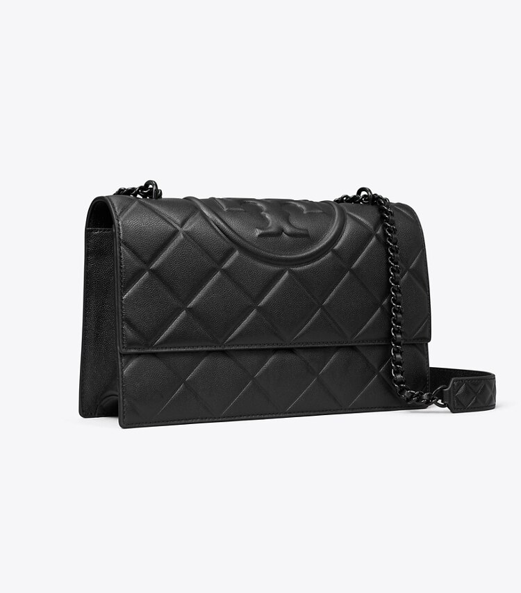 Tory Burch designer sacs porté épaule Sac porté épaule convertible Fleming en cuir grainé poli in Black/Black angle