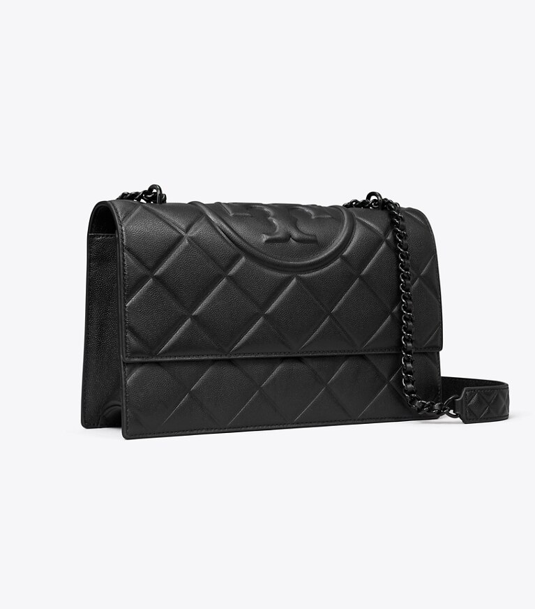 Tory Burch designer sacs porté épaule Sac porté épaule convertible Fleming en cuir grainé poli in Black/Black angle
