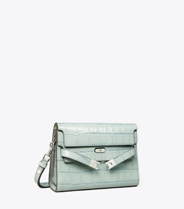 Tory Burch designer sacs porté épaule Sac porté épaule Lee Radziwill embossé motif croco dans Blue Celadon angle