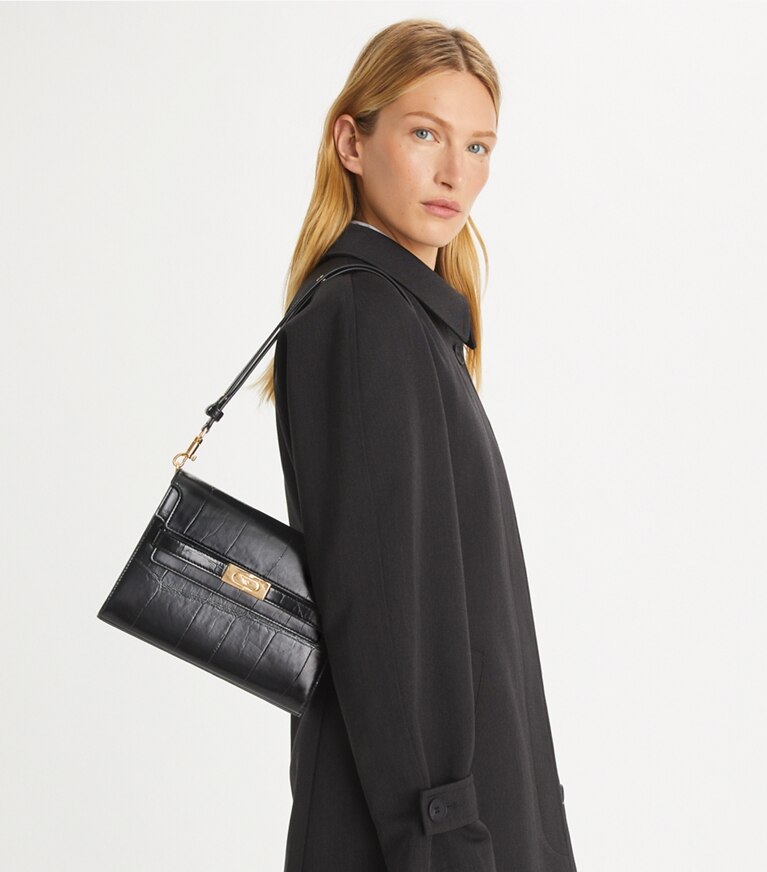 Tory Burch designer sacs porté épaule Sac porté épaule Lee Radziwill en cuir embossé effet croco in Black angle