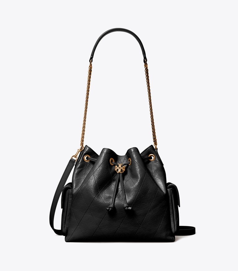 Tory Burch designer sacs porté épaule Sac porté épaule matelassé Charlie avec cordon de serrage in Black front