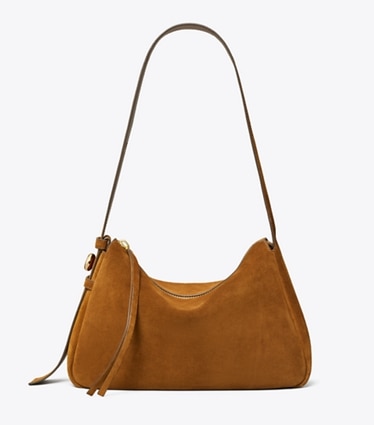 Tory Burch designer sacs porté épaule Sac porté épaule Romy en daim in Caramel front