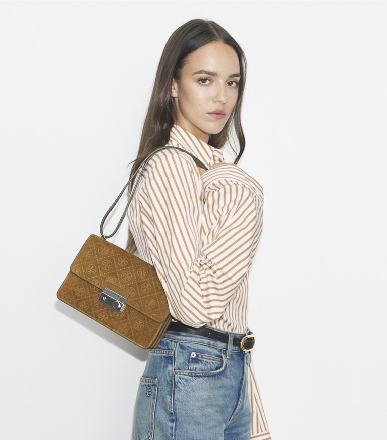 Tory Burch designer sacs porté épaule Sac porté épaule T Monogram en daim in CHICORY BROWN angle