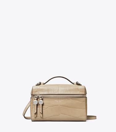 Tory Burch designer sacs à bandoulière Sac Romy fin à anse supérieure en cuir embossé effet croco in Light Hickory front