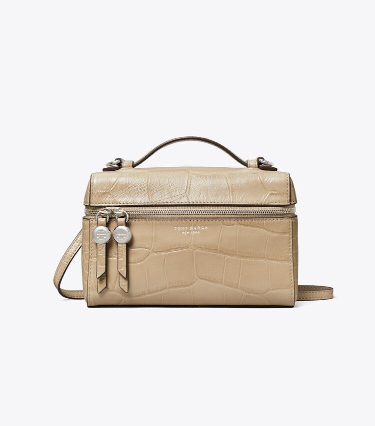 Tory Burch designer sacs à bandoulière Sac Romy fin à anse supérieure en cuir embossé effet croco in Light Hickory front