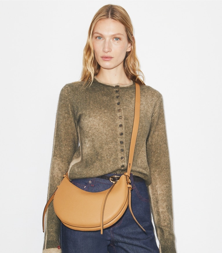 Tory Burch designer sacs porté épaule Sac Romy Half Moon in Tiramisu angle