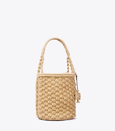 Tory Burch designer sacs porté épaule Sac seau Ella en crochet popcorn fait main dans Natural angle