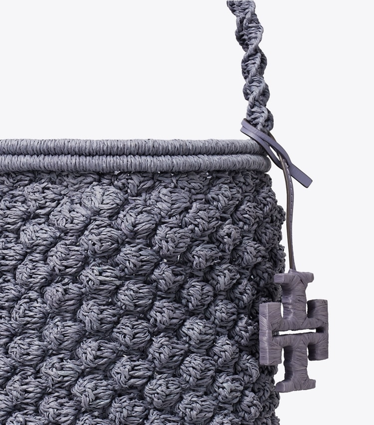Tory Burch designer sacs porté épaule Sac seau Ella Popcorn crocheté à la main in Gray informations