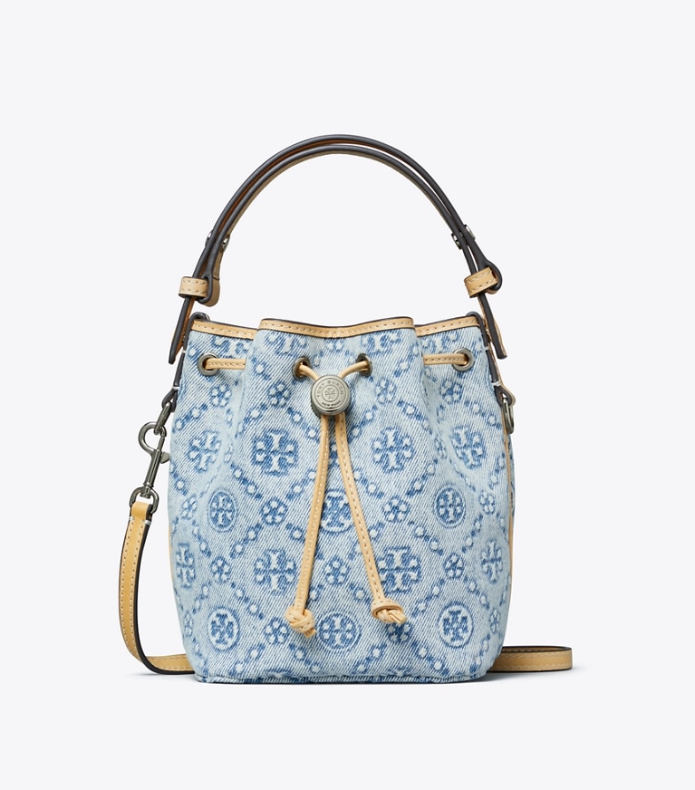 Tory Burch designer sacs à bandoulière Sac seau en denim T Monogram dans Powder Blue de face