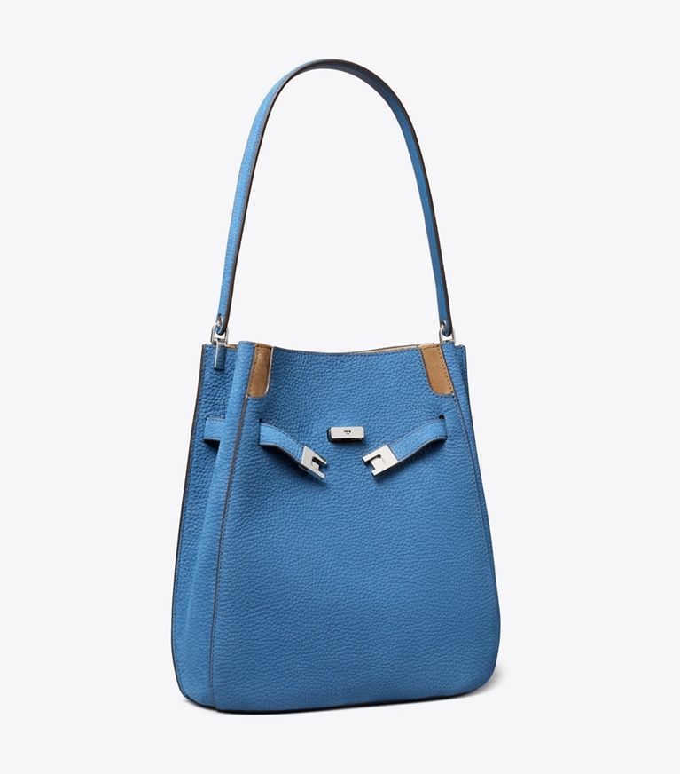 Tory Burch designer sacs porté épaule Sac seau Lee Radziwill en nubuck in Bright Blue angle