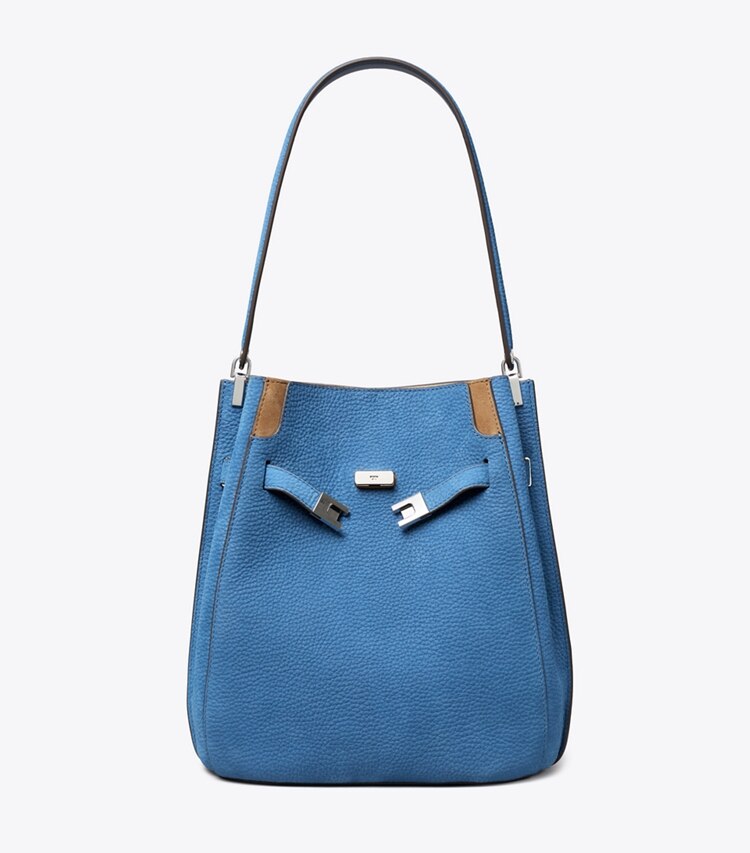Tory Burch designer sacs porté épaule Sac seau Lee Radziwill en nubuck in Bright Blue front