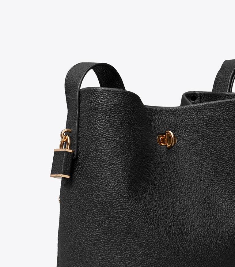 Tory Burch designer sacs porté épaule Sac seau Lock mince, format moyen dans Black détails