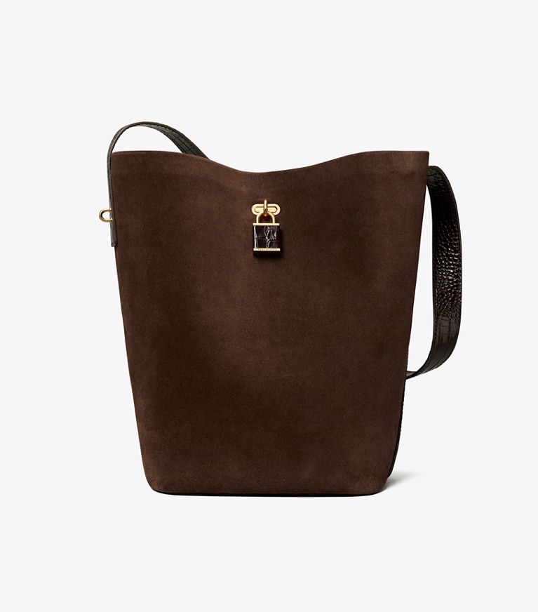 Tory Burch designer sacs porté épaule Sac seau Lock Slim en daim in Dark Cocoa front