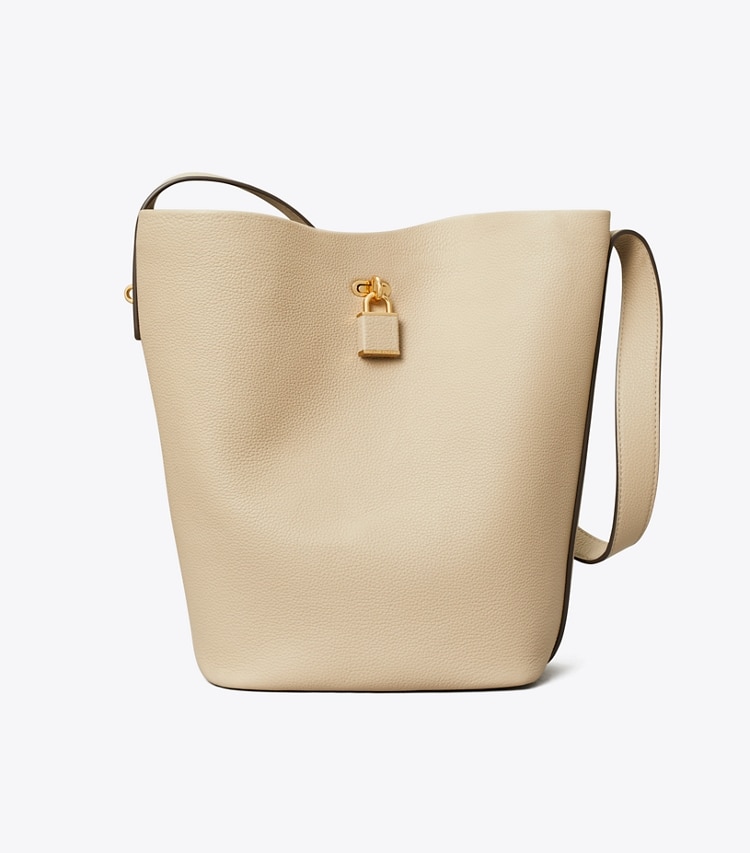 Tory Burch designer sacs porté épaule Sac seau Lock Slim dans Light Stone de face