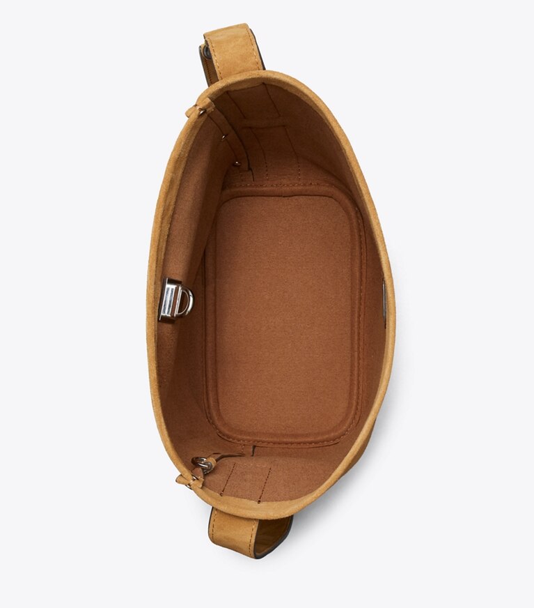 Tory Burch designer sacs porté épaule Sac seau mince Lock en suède, format moyen dans Toffee vue du dessus