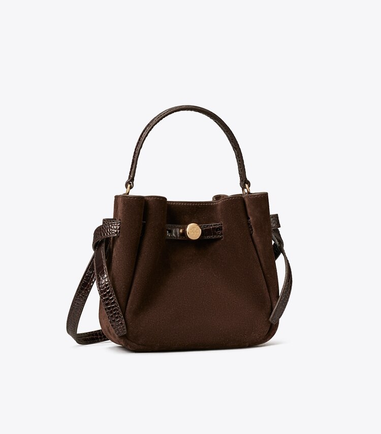 Tory Burch designer sacs à bandoulière Sac seau mini Romy en suède dans Dark Cocoa angle