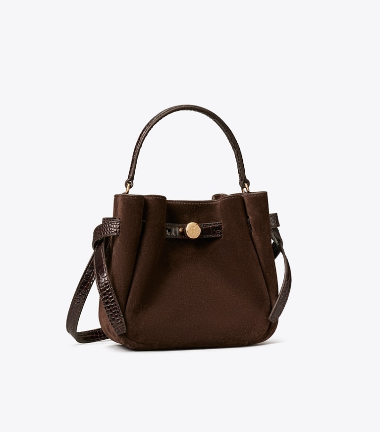 Tory Burch designer sacs à bandoulière Sac seau mini Romy en suède dans Dark Cocoa angle
