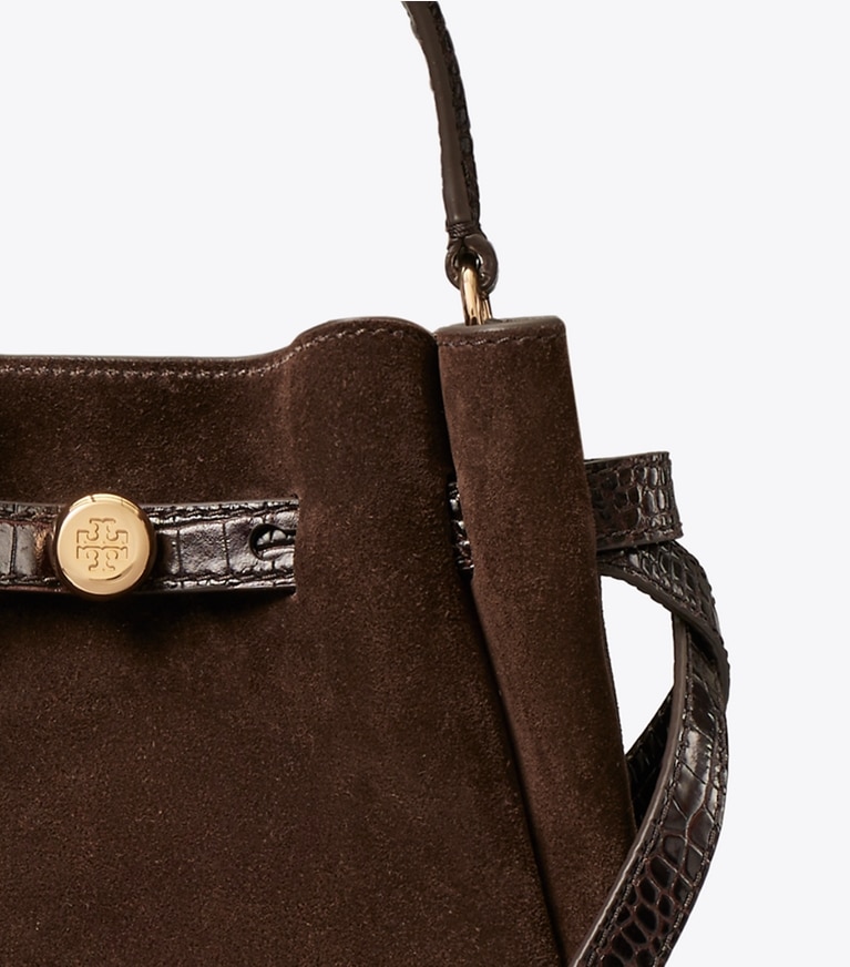Tory Burch designer sacs à bandoulière Sac seau mini Romy en suède dans Dark Cocoa détails