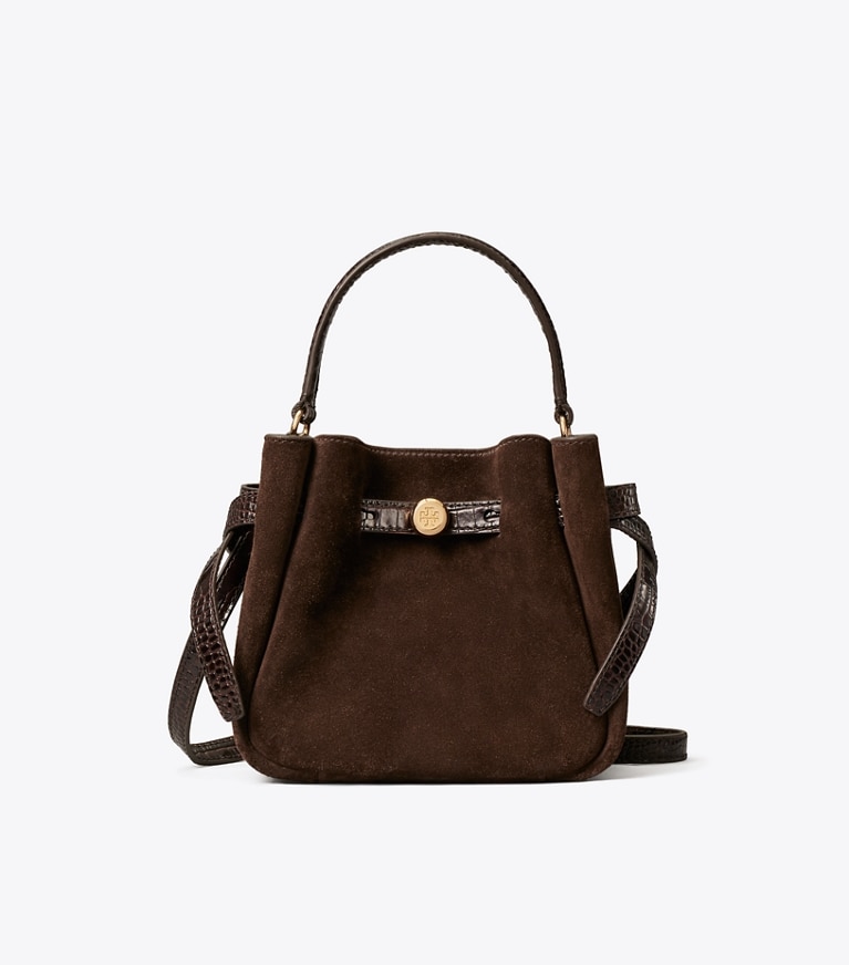 Tory Burch designer sacs à bandoulière Sac seau mini Romy en suède dans Dark Cocoa de face