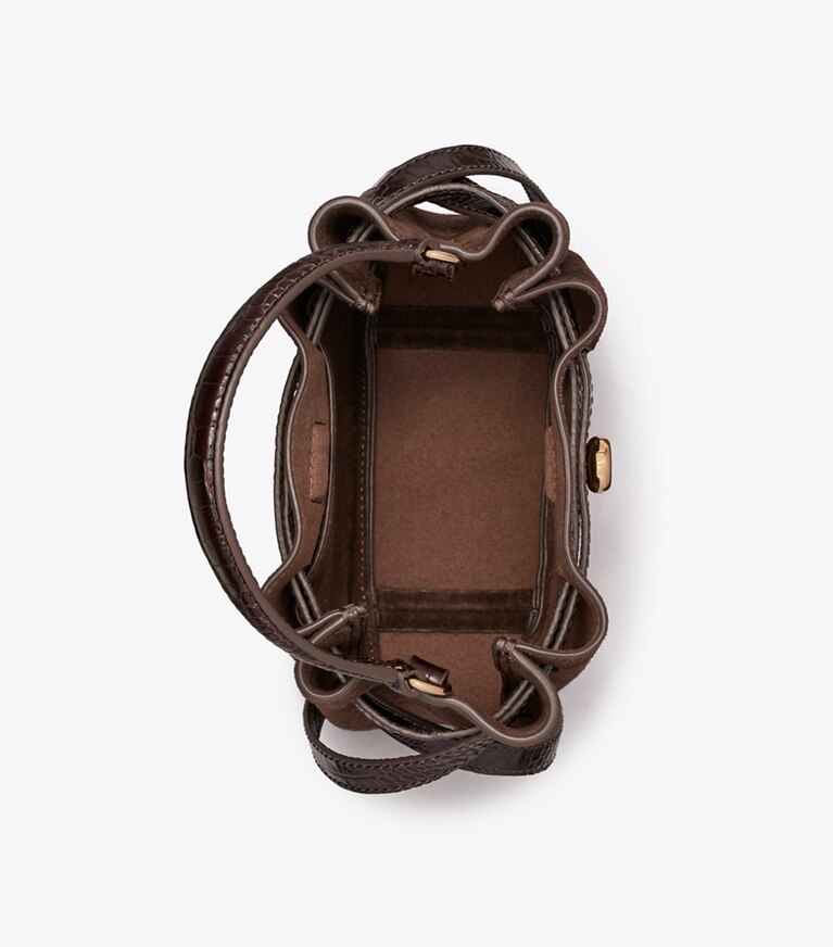 Tory Burch designer sacs à bandoulière Sac seau mini Romy en suède dans Dark Cocoa vue du dessus