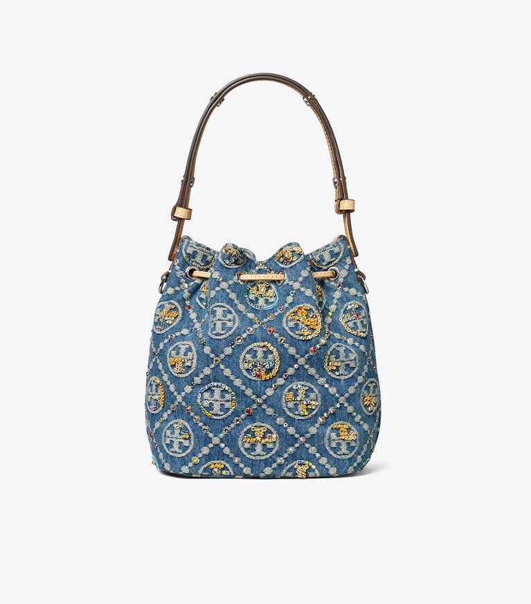 Tory Burch designer sacs à bandoulière Sac seau orné en denim T Monogram dans Deep Royal retour