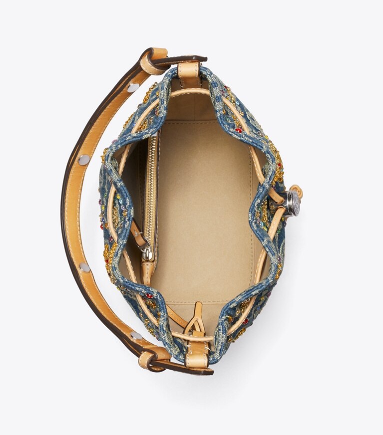 Tory Burch designer sacs à bandoulière Sac seau orné en denim T Monogram dans Deep Royal vue du dessus