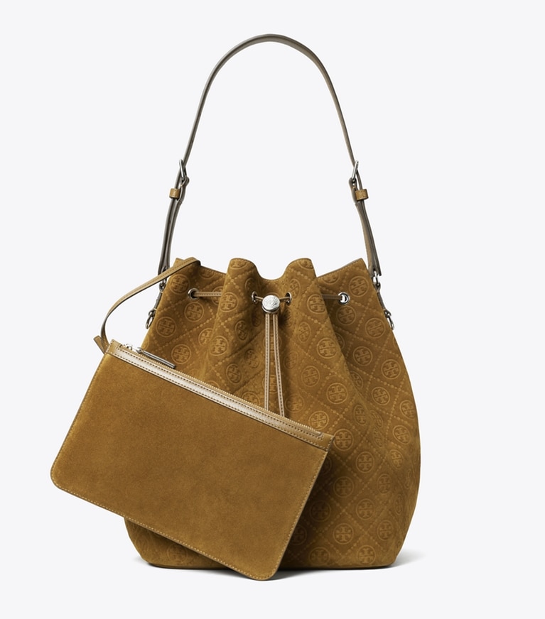 Tory Burch designer sacs hobo Sac seau oversize T Monogram en daim in CHICORY BROWN angle