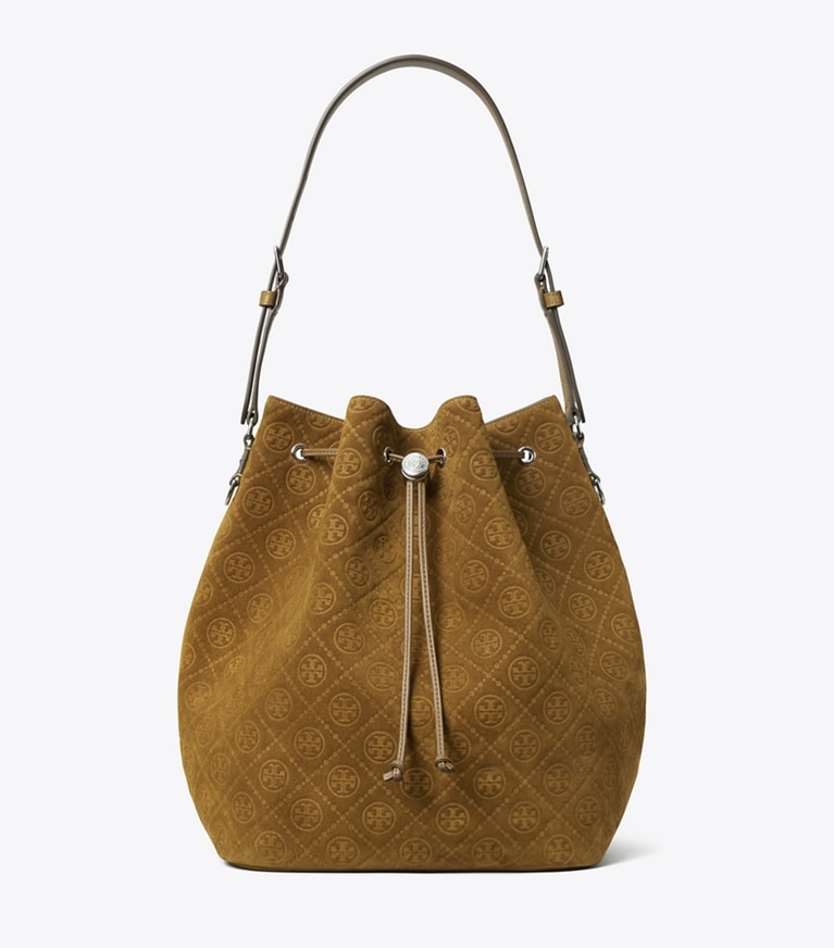 Tory Burch designer sacs hobo Sac seau oversize T Monogram en daim in CHICORY BROWN angle