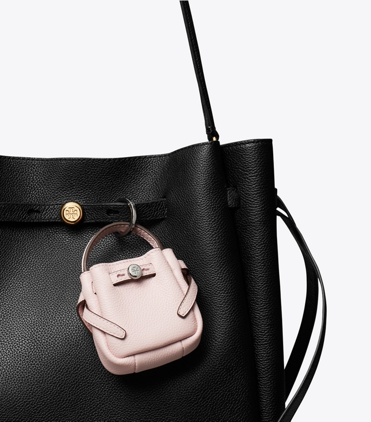 Tory Burch designer bijoux de sac et porte-clés Sac seau Romy avec charm in Rose Mist informations