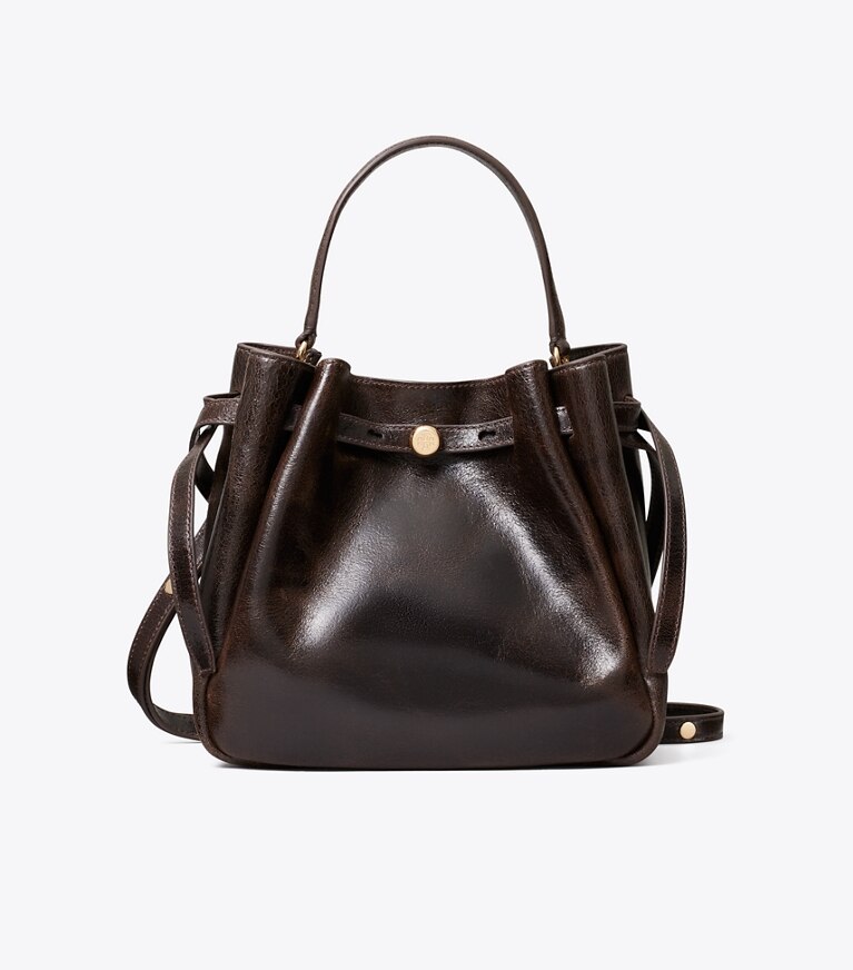 Tory Burch designer sacs à bandoulière Sac seau Romy effet vieilli dans Dark Brown de face