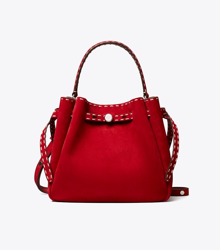 Tory Burch designer sacs à bandoulière Sac seau Romy en daim à coutures apparentes in Toucan Red front