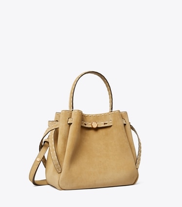 Tory Burch designer sacs à bandoulière Sac seau Romy en daim à surpiqûres dans Butter angle