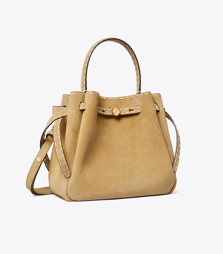 Tory Burch designer sacs à bandoulière Sac seau Romy en daim à surpiqûres dans Butter angle