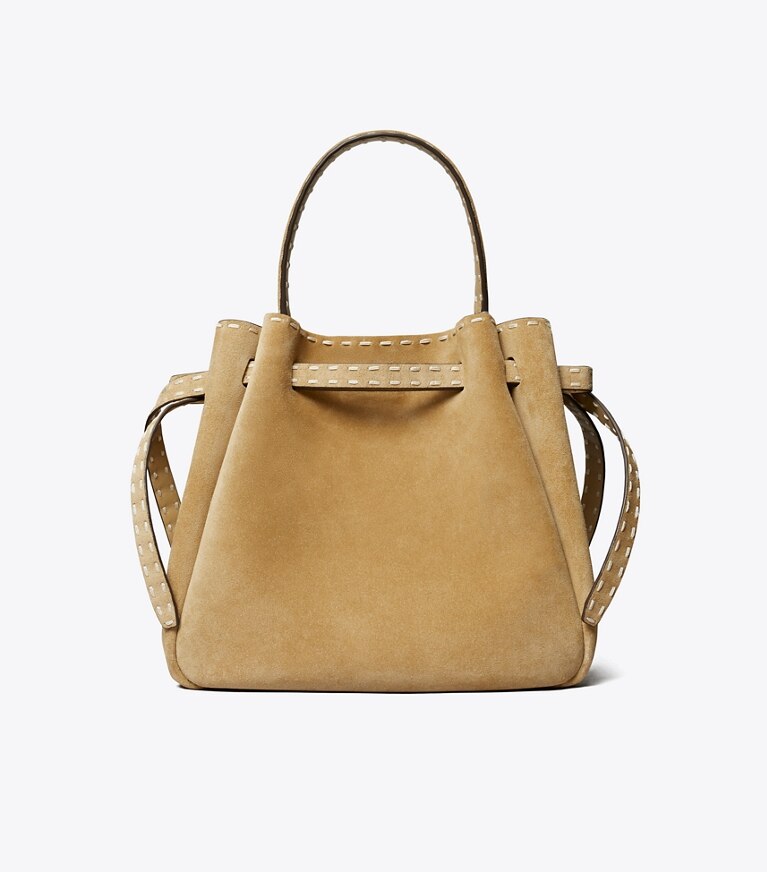 Tory Burch designer sacs à bandoulière Sac seau Romy en daim à surpiqûres dans Butter retour