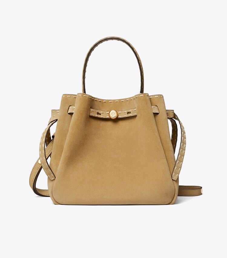 Tory Burch designer sacs à bandoulière Sac seau Romy en daim à surpiqûres dans Butter de face